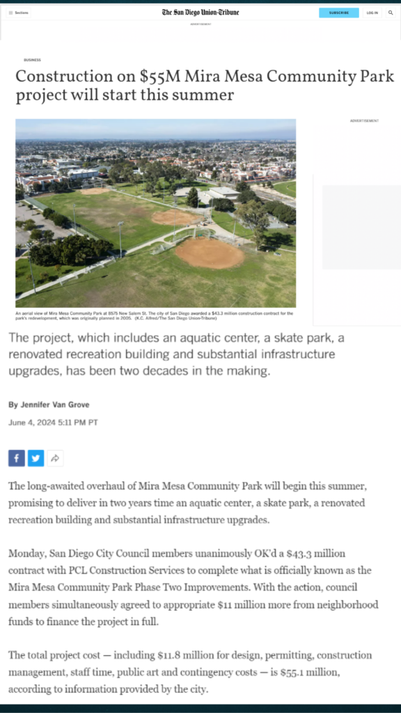 Union Tribune $55 M construction Mira Mesa Park